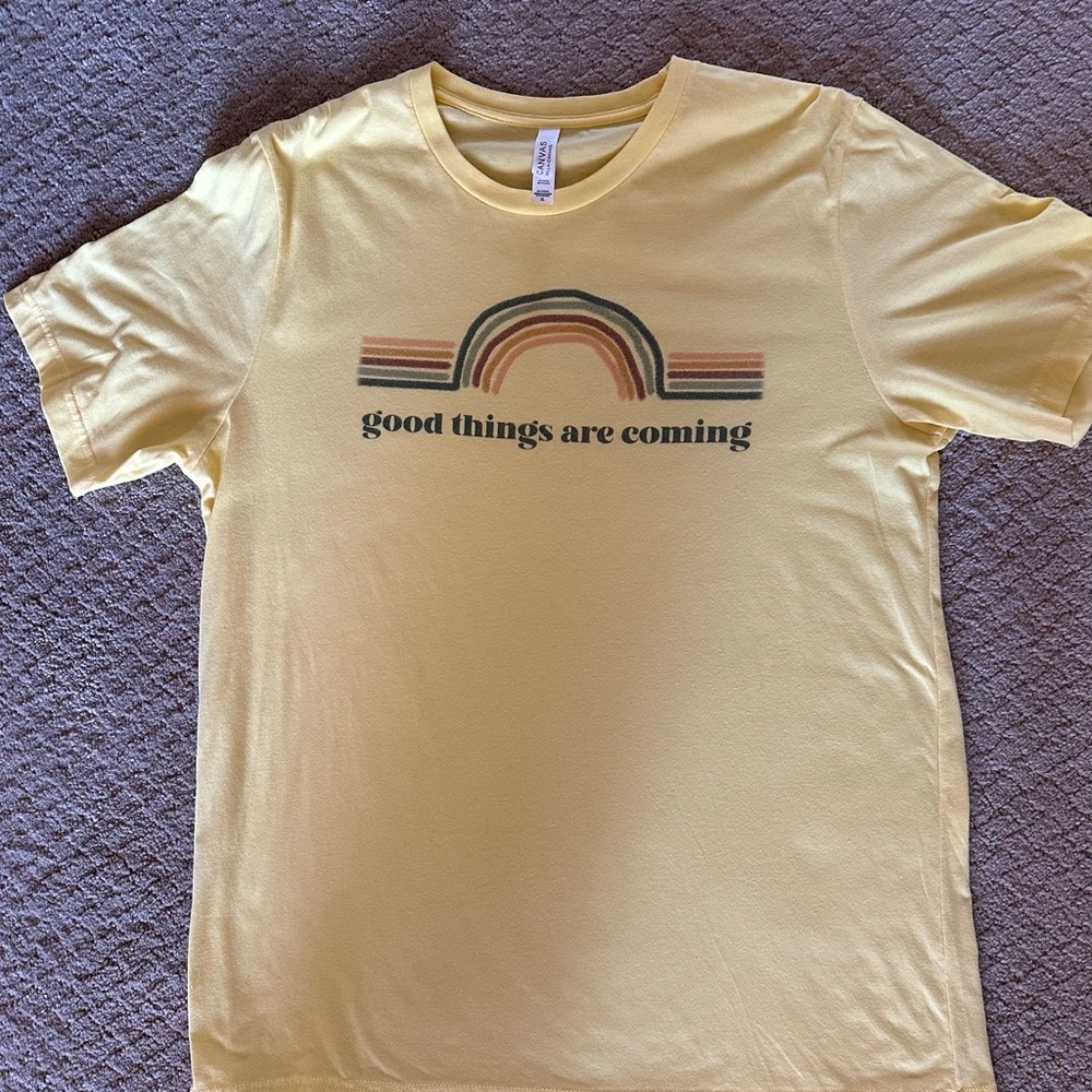 NWOT Bella Canvas Yellow Graphic T-Shirt with Rainbow Design